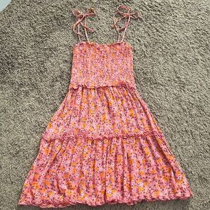 Wild Fable Pink and Orange Micro Floral Tiered Mini Sundress W/ Smock Detail. S.